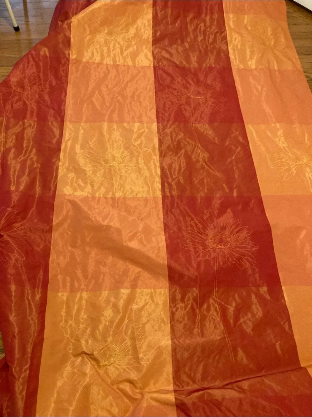 Spectacular MADURA two panel raspberry orange/ yellow daisy embroidered curtain